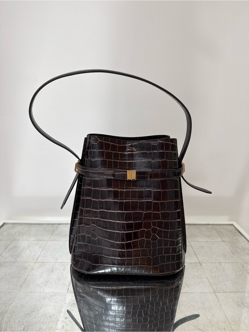 Toteme Dark Brown Croc-Embossed Leather Shoulder Bag